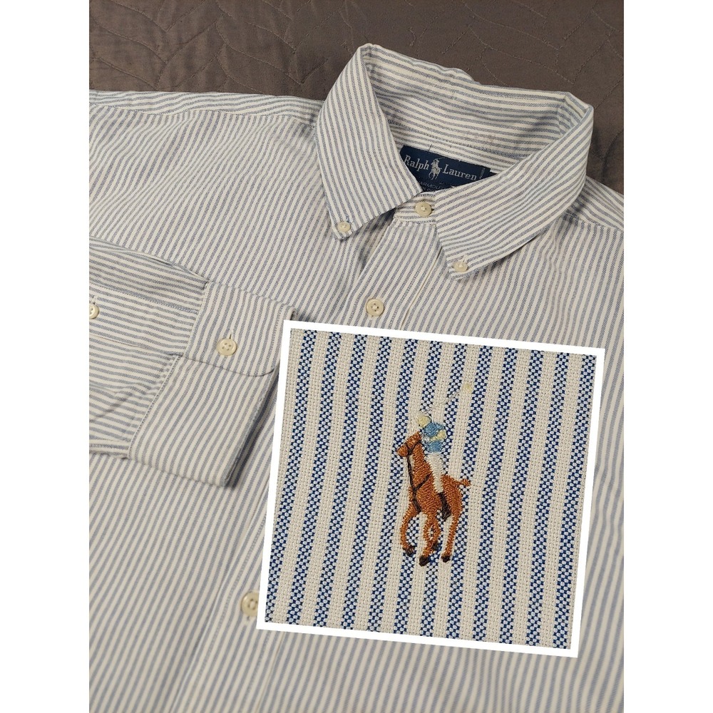 Polo Ralph Lauren Mens 16.5 36 Blue Stripe Yarmouth Dress Shirt Pony Logo